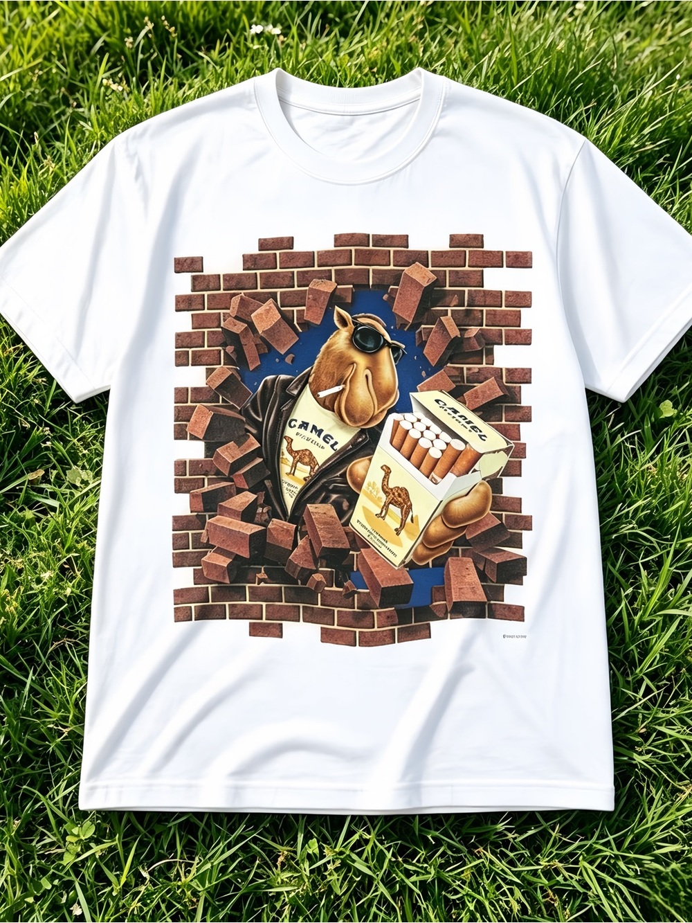 White unisex T-shirt with camel brick wall pattern.